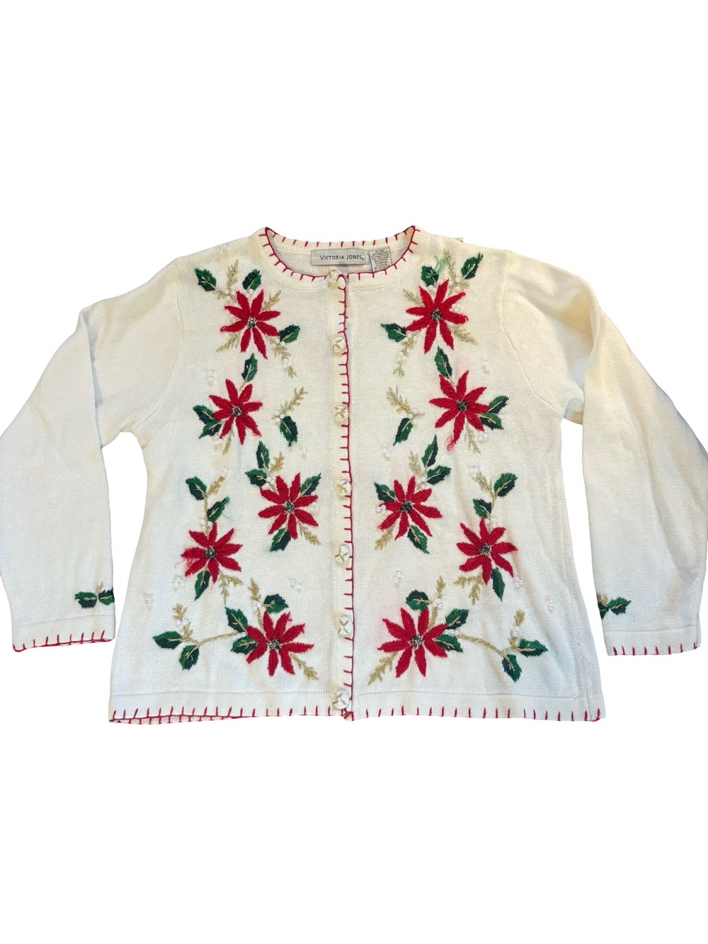 Victoria Jones Vintage Holiday Cardigan Sweater Poinsettia Embroidery Size Large
